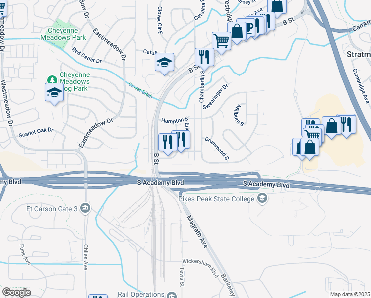 map of restaurants, bars, coffee shops, grocery stores, and more near 4368 Lashelle Avenue in Colorado Springs