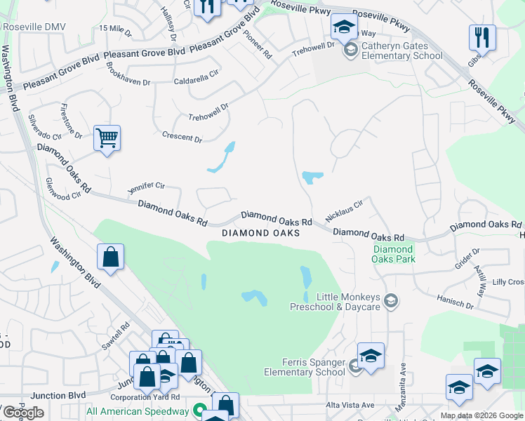 map of restaurants, bars, coffee shops, grocery stores, and more near 322 Diamond Oaks Road in Roseville