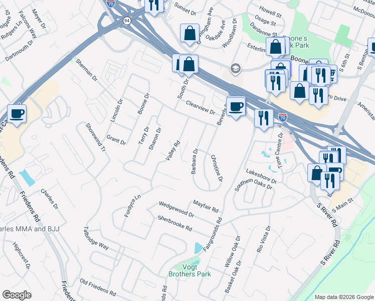 map of restaurants, bars, coffee shops, grocery stores, and more near 5 Dale Drive in Saint Charles