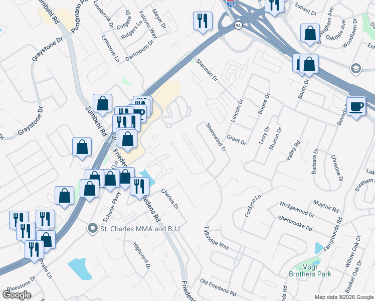 map of restaurants, bars, coffee shops, grocery stores, and more near 1400 Bridgeport Terrace in Saint Charles