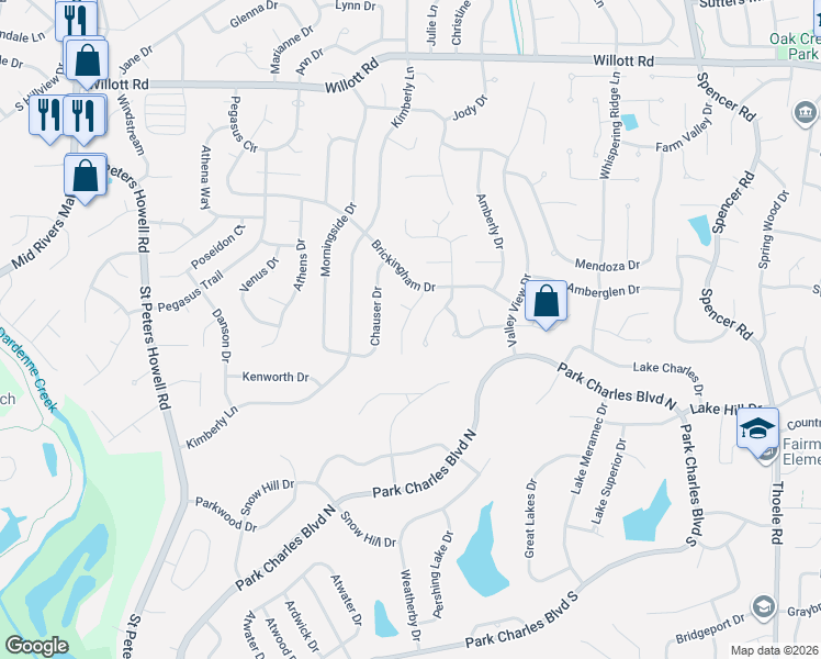 map of restaurants, bars, coffee shops, grocery stores, and more near 24 Brooker Court in St. Peters