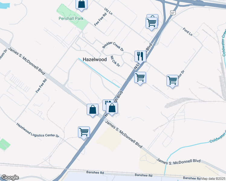 map of restaurants, bars, coffee shops, grocery stores, and more near 6005 North Lindbergh Boulevard in Hazelwood