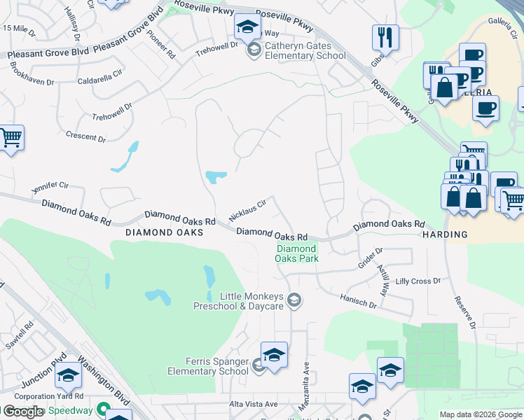 map of restaurants, bars, coffee shops, grocery stores, and more near 504 Hogan Court in Roseville