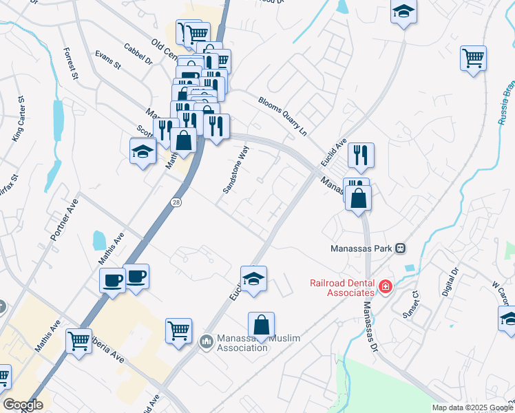 map of restaurants, bars, coffee shops, grocery stores, and more near 8658 Madera Court in Manassas Park