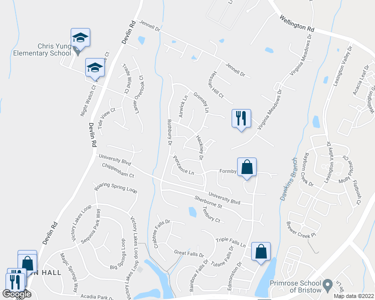 map of restaurants, bars, coffee shops, grocery stores, and more near 12325 Malvern Way in Bristow