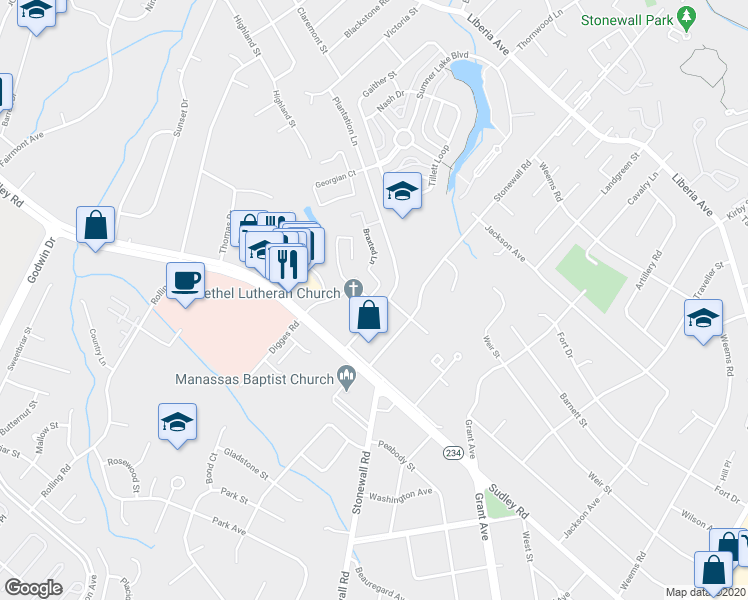 map of restaurants, bars, coffee shops, grocery stores, and more near 8647 Braxted Lane in Manassas