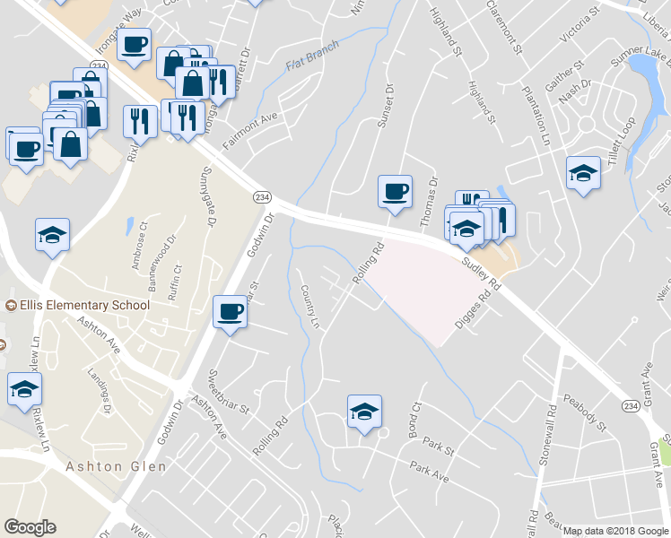 map of restaurants, bars, coffee shops, grocery stores, and more near 9920 Grapewood Court in Manassas