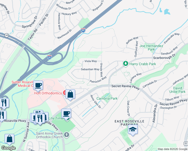 map of restaurants, bars, coffee shops, grocery stores, and more near 2133 Demetrius Way in Roseville