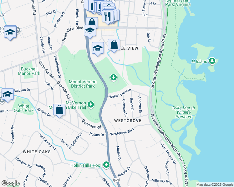 map of restaurants, bars, coffee shops, grocery stores, and more near 1402 Wake Forest Drive in Alexandria