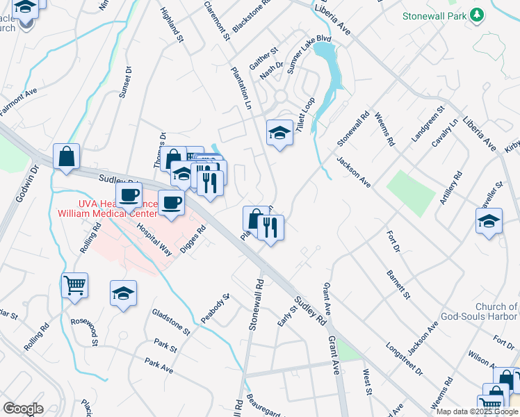 map of restaurants, bars, coffee shops, grocery stores, and more near 8647 Braxted Lane in Manassas