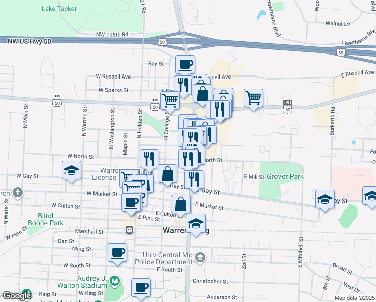 map of restaurants, bars, coffee shops, grocery stores, and more near 213 East North Street in Warrensburg