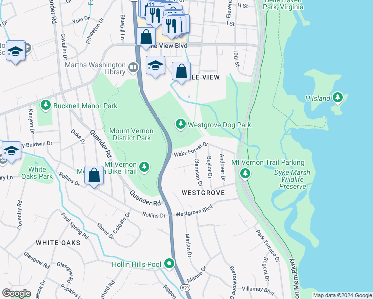 map of restaurants, bars, coffee shops, grocery stores, and more near 1402 Wake Forest Drive in Alexandria