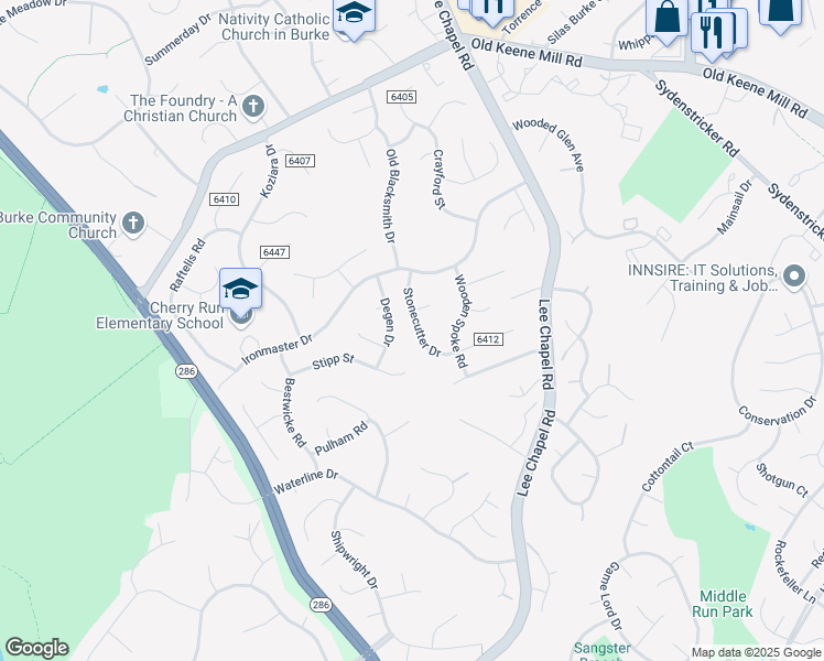 map of restaurants, bars, coffee shops, grocery stores, and more near 6714 Stonecutter Drive in Burke