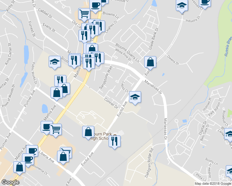 map of restaurants, bars, coffee shops, grocery stores, and more near 8658 Madera Court in Manassas Park