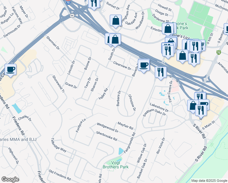map of restaurants, bars, coffee shops, grocery stores, and more near 3 Fairview Drive in Saint Charles