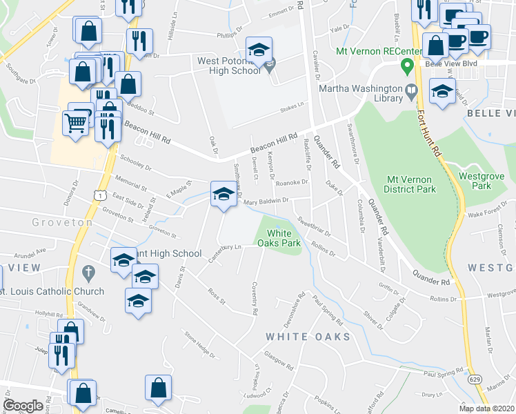 map of restaurants, bars, coffee shops, grocery stores, and more near 2313 Mary Baldwin Drive in Alexandria