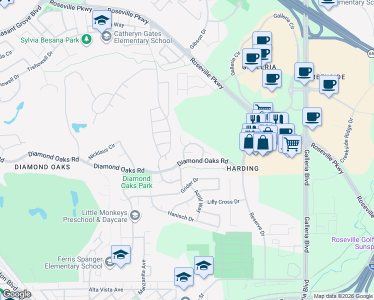 map of restaurants, bars, coffee shops, grocery stores, and more near 471 Diamond Oaks Road in Roseville