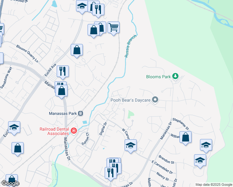 map of restaurants, bars, coffee shops, grocery stores, and more near 9763 Corbett Place in Manassas Park