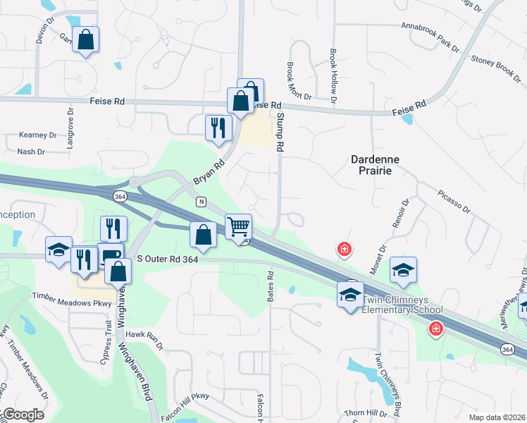 map of restaurants, bars, coffee shops, grocery stores, and more near 15 Needle Court in O'Fallon