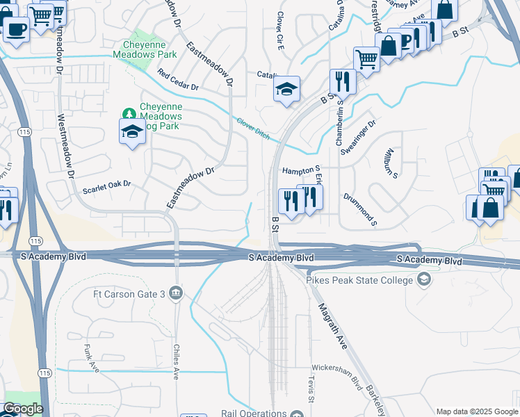 map of restaurants, bars, coffee shops, grocery stores, and more near 1655 Gumwood Drive in Colorado Springs