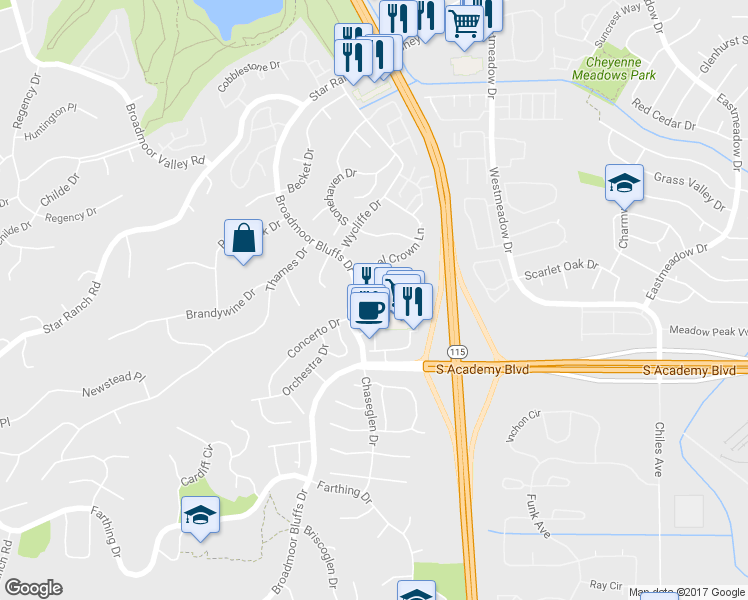 map of restaurants, bars, coffee shops, grocery stores, and more near 6510 South Academy Boulevard in Colorado Springs