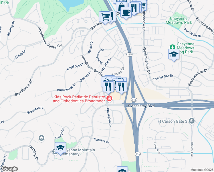 map of restaurants, bars, coffee shops, grocery stores, and more near 6560 South Academy Boulevard in Colorado Springs