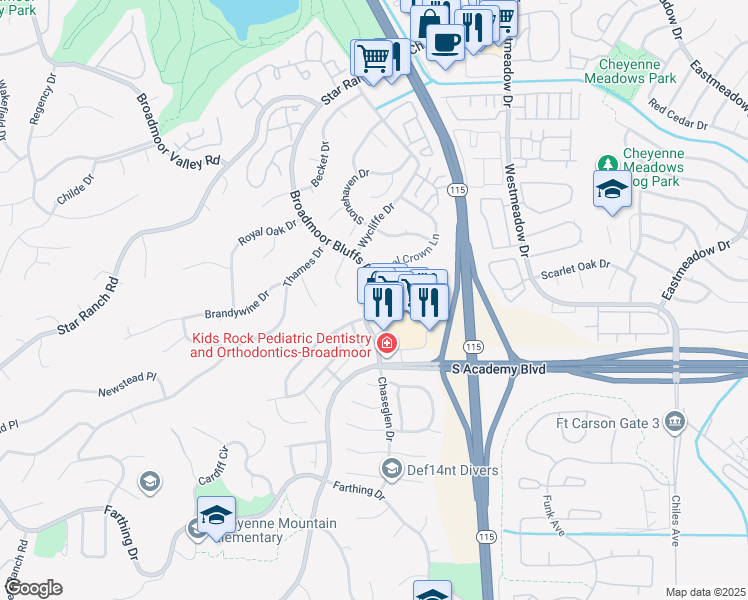 map of restaurants, bars, coffee shops, grocery stores, and more near 6560 South Academy Boulevard in Colorado Springs
