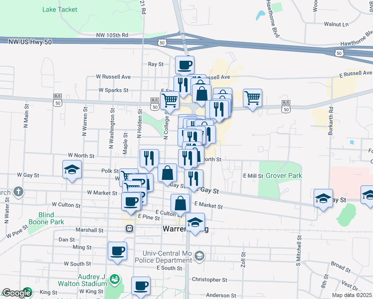 map of restaurants, bars, coffee shops, grocery stores, and more near 213 East North Street in Warrensburg