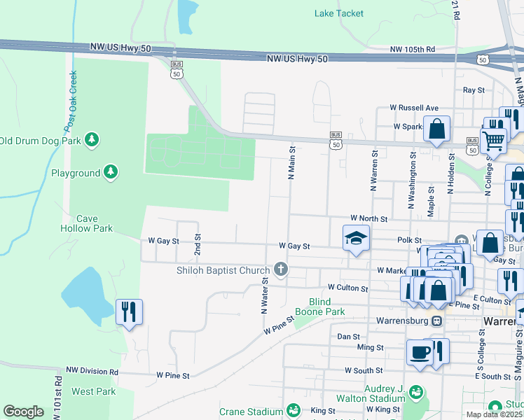 map of restaurants, bars, coffee shops, grocery stores, and more near 448 North Water Street in Warrensburg