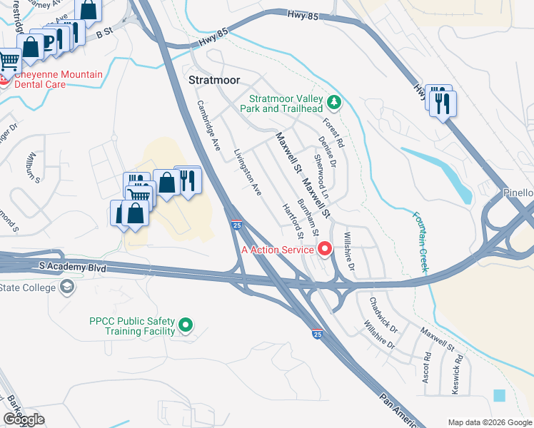 map of restaurants, bars, coffee shops, grocery stores, and more near 1280 Livingston Avenue in Colorado Springs