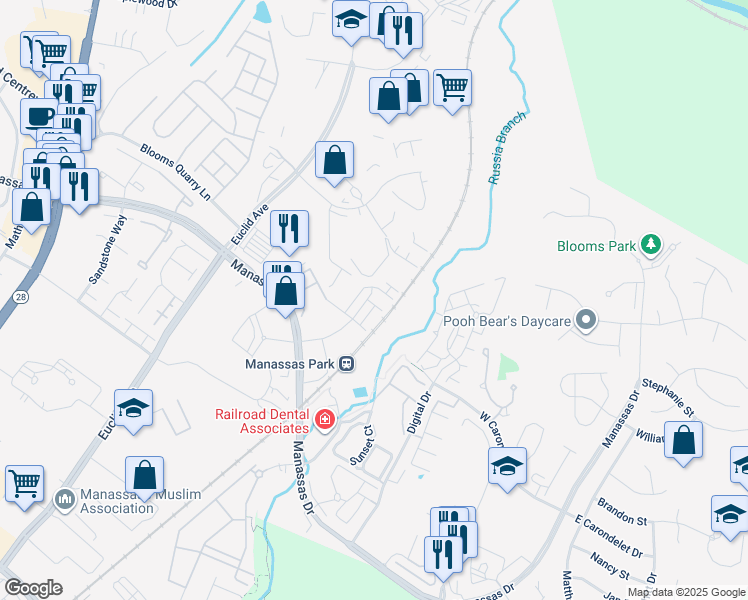 map of restaurants, bars, coffee shops, grocery stores, and more near 516 Tassita Lane in Manassas Park