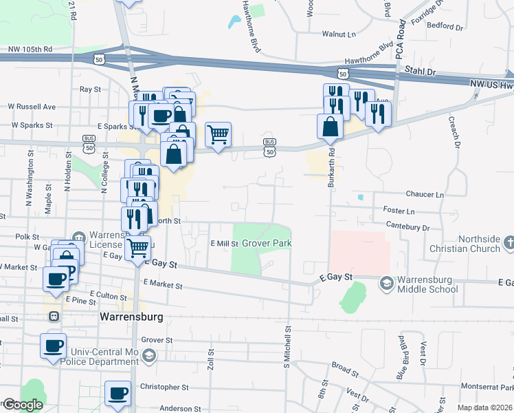 map of restaurants, bars, coffee shops, grocery stores, and more near 509 East North Street in Warrensburg