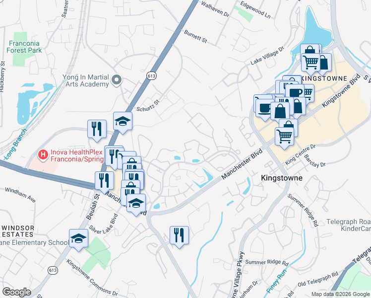 map of restaurants, bars, coffee shops, grocery stores, and more near 6120 Manchester Lakes Drive in Alexandria