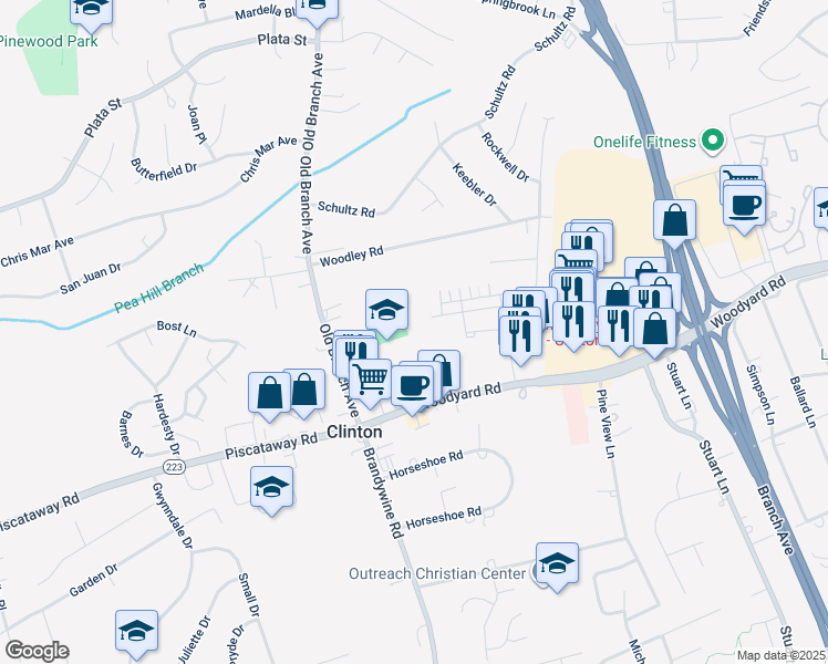 map of restaurants, bars, coffee shops, grocery stores, and more near 8910 Old Branch Avenue in Clinton