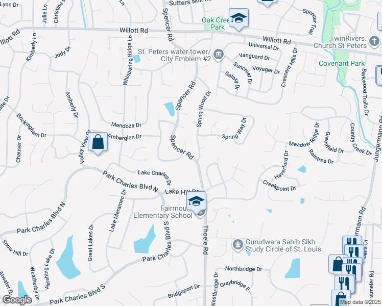 map of restaurants, bars, coffee shops, grocery stores, and more near 1168 Spencer Road in St. Peters