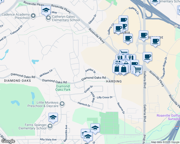 map of restaurants, bars, coffee shops, grocery stores, and more near 205 Sapphire Court in Roseville