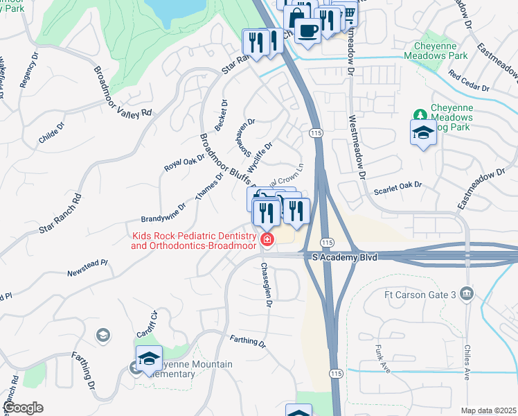 map of restaurants, bars, coffee shops, grocery stores, and more near 510 Cougar Bluff Point in Colorado Springs