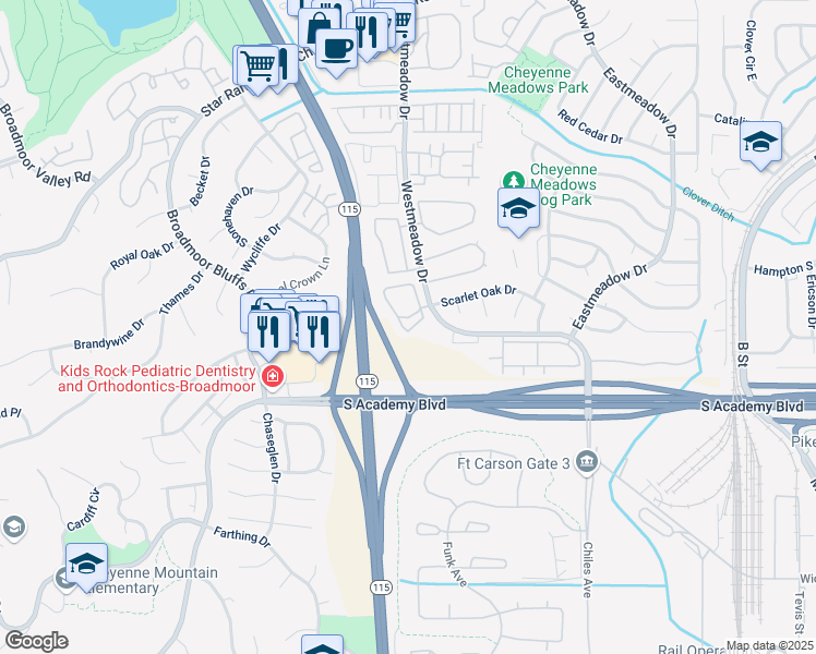 map of restaurants, bars, coffee shops, grocery stores, and more near 4285 Prestige Point in Colorado Springs