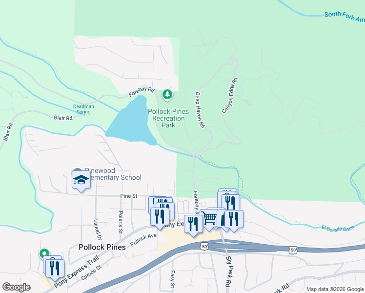 map of restaurants, bars, coffee shops, grocery stores, and more near 2814 Forebay Road in Pollock Pines