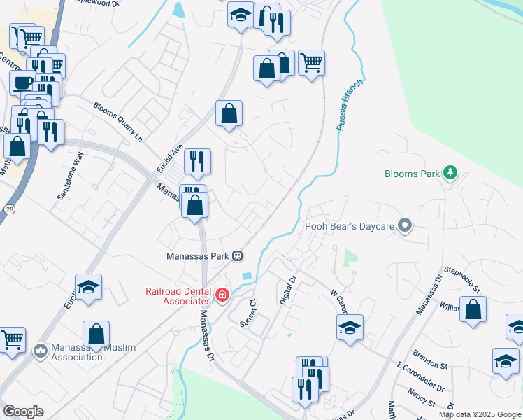 map of restaurants, bars, coffee shops, grocery stores, and more near 8452 Park Center Court in Manassas Park