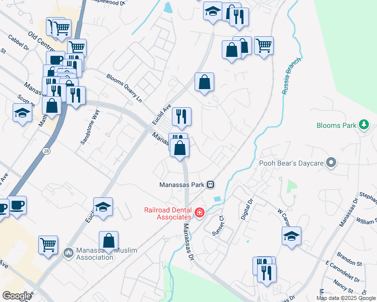 map of restaurants, bars, coffee shops, grocery stores, and more near Dabney Drive in Manassas Park