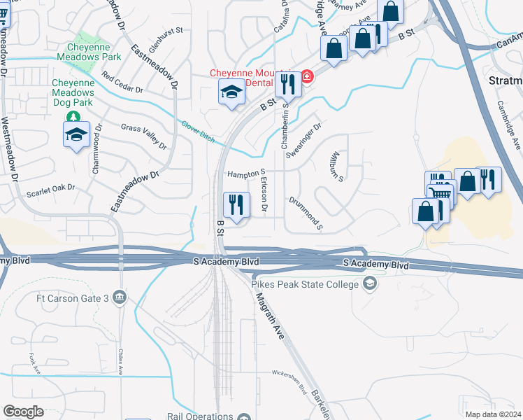 map of restaurants, bars, coffee shops, grocery stores, and more near 4368 Lashelle Avenue in Colorado Springs
