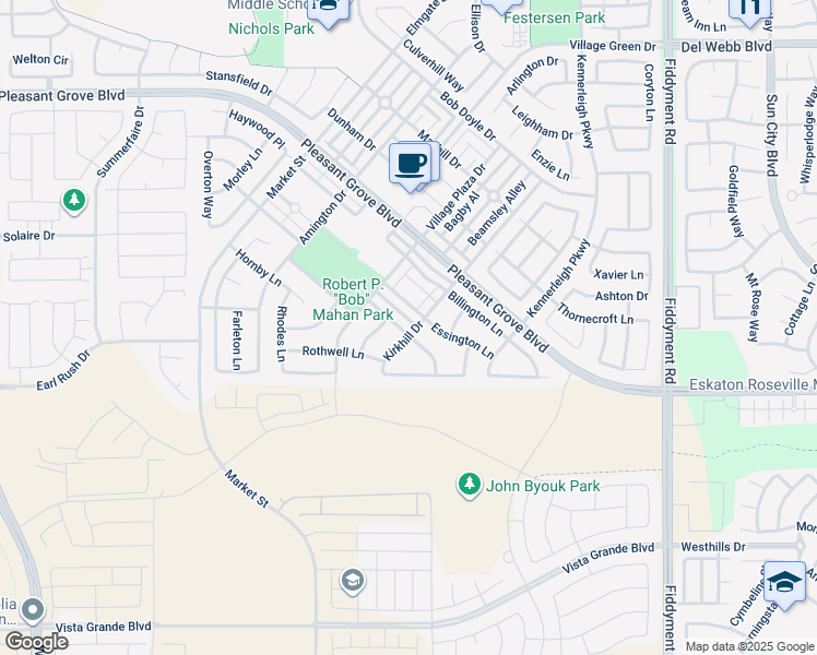 map of restaurants, bars, coffee shops, grocery stores, and more near 1080 Kirkhill Drive in Roseville