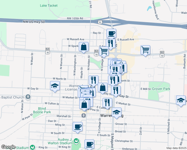 map of restaurants, bars, coffee shops, grocery stores, and more near 105 East North Street in Warrensburg