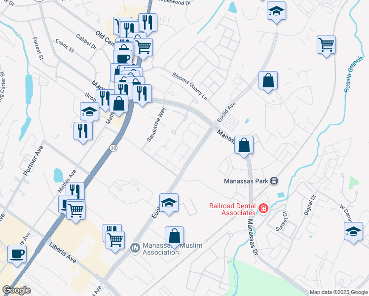 map of restaurants, bars, coffee shops, grocery stores, and more near 8650 Inyo Place in Manassas Park