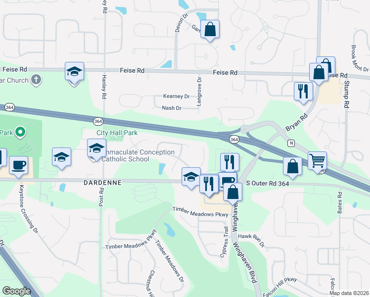 map of restaurants, bars, coffee shops, grocery stores, and more near 7709 Ardmore Drive in O'Fallon