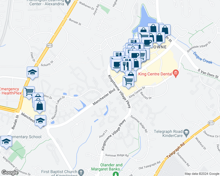 map of restaurants, bars, coffee shops, grocery stores, and more near 6874 Brindle Heath Way in Alexandria
