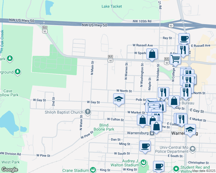 map of restaurants, bars, coffee shops, grocery stores, and more near 318 West North Street in Warrensburg