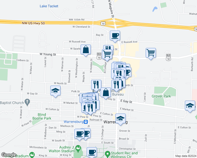 map of restaurants, bars, coffee shops, grocery stores, and more near 114 Emerson Street in Warrensburg