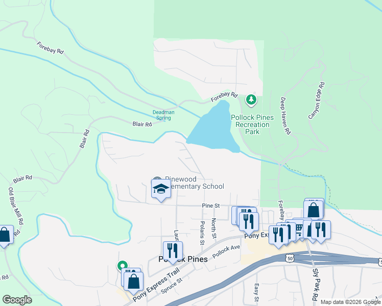 map of restaurants, bars, coffee shops, grocery stores, and more near 6218 Drop Off Road in Pollock Pines